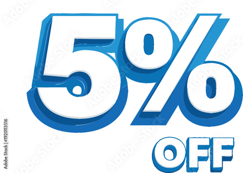 3D 5 percent off discount text in blue and white, promotional sale sticker for e-commerce and retail marketing.