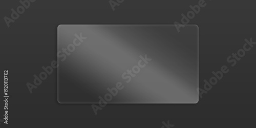 Frosted glass rectangle with rounded corners, featuring a subtle diagonal light reflection and soft shadow, isolated on a dark charcoal background.