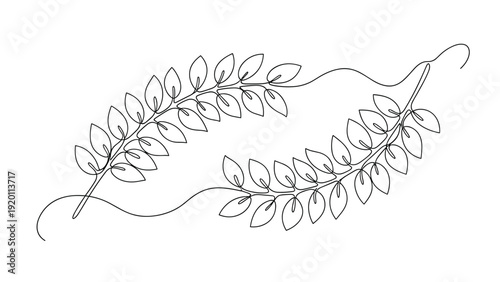 Continuous line drawing of two elegant leafy branches overlapping each other creates a minimalist and modern botanical art piece.
