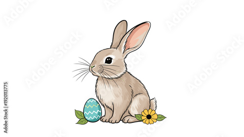 Detailed illustration of a brown rabbit sitting next to a colorful Easter egg and a yellow flower evokes spring and holiday themes.