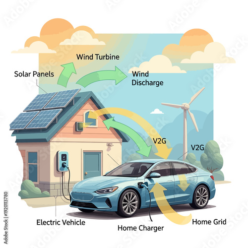 An illustration showcasing a house with solar panels, wind turbine, and an electric vehicle, highlighting sustainable energy.