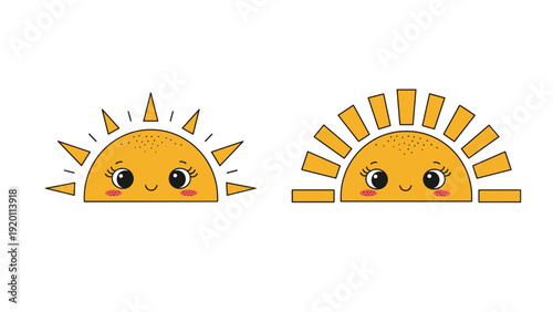 Two cute sun icons with smiling faces and different ray patterns represent a bright and cheerful morning or a sunny day concept.