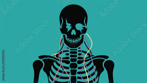 Cyberpunk Skeleton with Broken Circuit Board Eyes and Colorful Wires