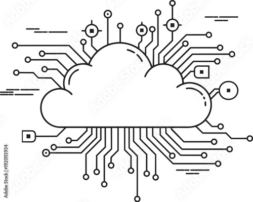 Cloud Computing and Network Technology Line Art Illustration: Digital Data Storage, Global Connection, and Server Infrastructure Concept