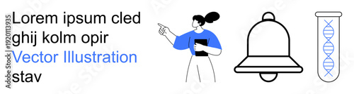 Education, research, notifications, genetics, science, communication. A woman holding a clipboard points forward, accompanied by a bell symbol and DNA test tube. Education and research concepts