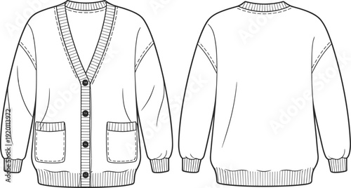 Knitted Button Up Cardigan Sweater Technical Flat Sketch Front and Back View Fashion Apparel Line Drawing Template