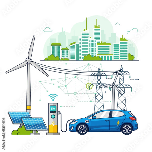 Illustration depicting sustainable energy sources powering an electric vehicle in an urban environment.