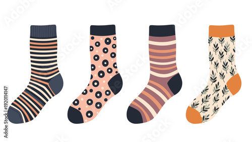 Four pairs of cozy patterned socks featuring stripes, dots, and botanical motifs illustrate warm and stylish winter fashion accessories.