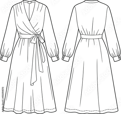 Long Sleeve Wrap Maxi Dress Technical Flat Sketch Front and Back View Fashion Apparel Line Drawing Template
