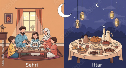 Ramadan family meals illustration sehri and iftar dining scenes