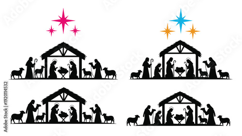 Traditional nativity scene silhouettes showing the birth of jesus in four variations for religious christmas holiday greeting card art.