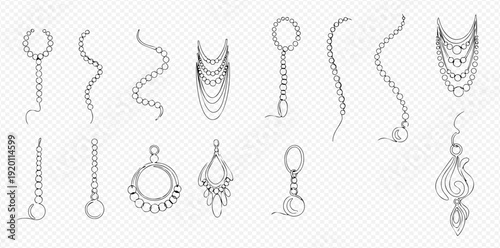 Set of hand-drawn jewelry elements, including necklaces, pendants, and chains, in a doodle style.
