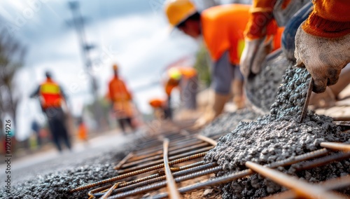 Construction workers pouring concrete onto rebar, blurred background of construction site