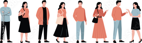 Vector illustration of diverse young people in stylish casual outfits, standing and talking together in a minimalist flat design
