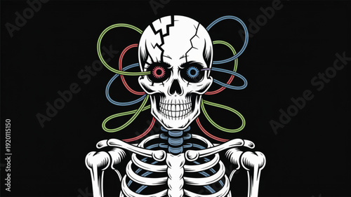 Cyberpunk Skeleton with Cracked Skull and Colorful Wires