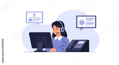 Customer service representative working on computer with headset and phone.