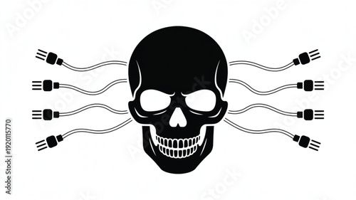 Dark robot skull with electric wires emerging from its head