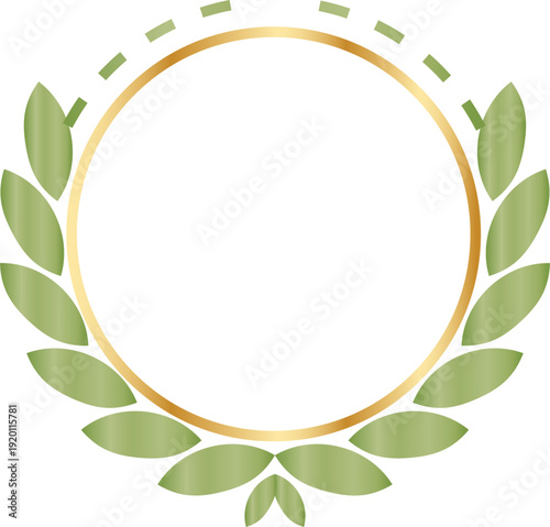 金色グラデーションの円形フレームとグリーン月桂樹リースの高級感あふれるベクター装飾素材｜アワード・認証マーク・ロゴテンプレート向けエンブレムデザイン