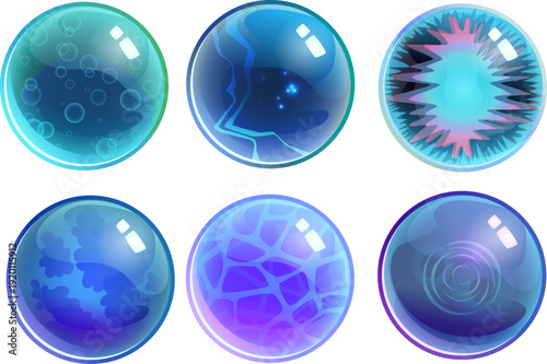 幻想的な光沢ガラス球体の抽象バリエーションセット｜水泡・亀裂・エネルギー波・細胞膜模様を表現した未来的ブルーグラデーション円形アイコン素材集