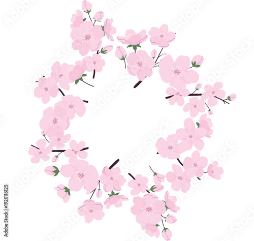 春の訪れを優しく彩る満開の桜リースフレーム素材、入学・卒業・歓送迎会・季節の挨拶状に使える上品で華やかな和風フラワーサークルデザイン、背景透過でも使いやすいナチュラルテイストの装飾イラスト