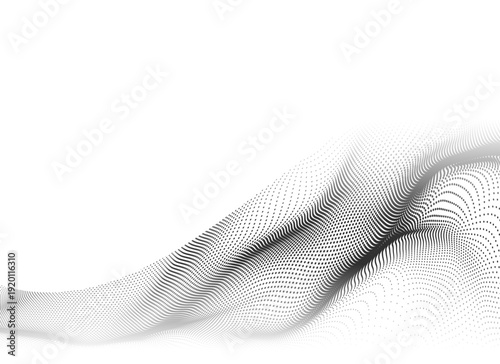 無数のドットで描く流線形ウェーブのモノクロ抽象背景｜データ可視化やテクノロジー表現に最適なミニマルデザイン素材
