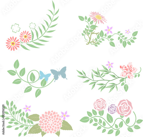 パステルカラーで描いた可憐な花とグリーンのボタニカル装飾フレームセット｜ナチュラルテイストの手描き風フラワーイラスト素材（カード・招待状向け）