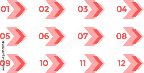01から12まで連続配置されたピンク色のステップ矢印アイコンセット｜手順説明・工程フロー・時系列ガイドに使えるシンプルナンバリングデザイン素材