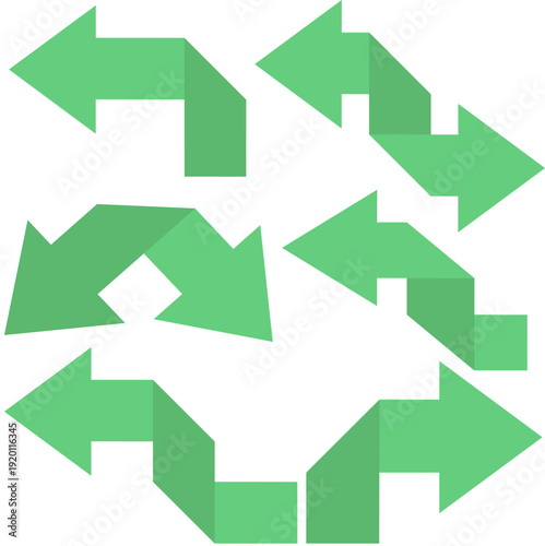 立体的な陰影で表現したグリーンカラーの折れ曲がり矢印セット｜方向指示・循環・ナビゲーションに使えるシンプルフラットデザイン素材集