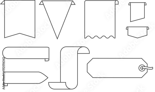 リボン・バナー・スクロール・プライスタグのアウトラインフレームセット｜見出しやラベル装飾に使えるシンプル線画ベクター素材集・広告やWebデザイン向けテンプレートパーツ
