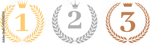 王冠と月桂冠で飾られた1位2位3位のランキングアイコンセット｜ゴールド・シルバー・ブロンズの表彰デザイン素材・コンテストや成績発表に使えるフラットベクターイラスト