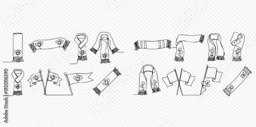 Continuous line drawing of various fan scarves and flags with a soccer ball icon, sports accessories concept.