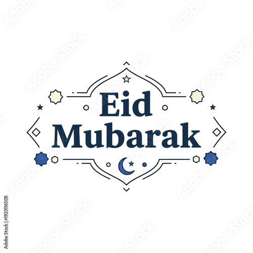 Eid Mubarak greeting typography with Islamic ornament frame, crescent moon and stars on white background.