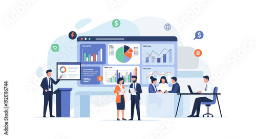 Business analytics team presenting data insights on large screen.