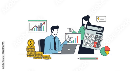 Business Finance Analysis Meeting with Calculator and Charts.