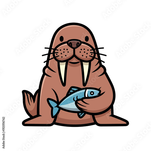 Cartoon walrus holding a blue fish in its flippers against a clean white background with a playful mood.
