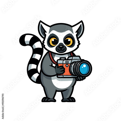 A cartoon lemur holding a camera with a blue lens and orange strap on a white background.