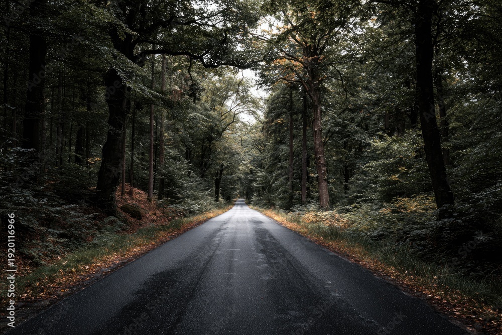 Fototapeta premium A wet asphalt road winds through a lush, verdant forest, leading towards a bright sky