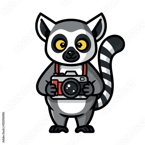 A cartoon lemur holding a camera with a red strap on a white background with a playful mood.
