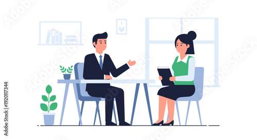 Business meeting between man and woman in office.