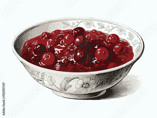 Cranberry sauce served in a detailed floral bowl, hand-drawn style on white background, representing traditional holiday cuisine