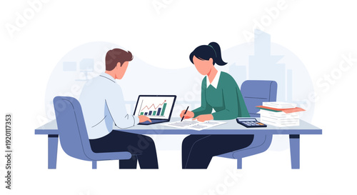 Business meeting between two professionals at a desk.