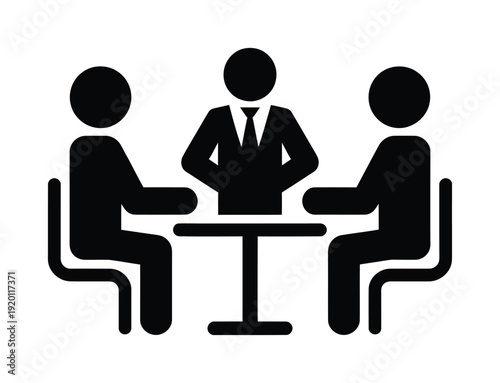 Three people engaged in a formal discussion around a table in a vector