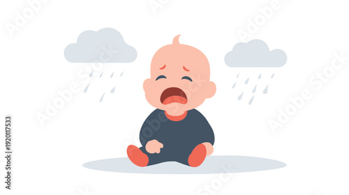 Sad Crying Baby in Rain Illustration