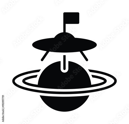 Vector of a ufo hovering above a ringed planet with a flag on top
