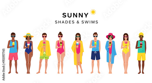 Diverse group of people wearing swimsuits and sunglasses standing together on a sunny day at the beach