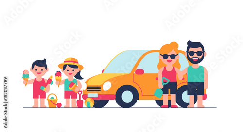 Family enjoying a leisurely outing with children playing near an orange vehicle on a sunny day