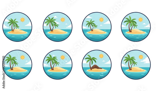 Tropical island badge vector set with palm trees, ocean water, and sunny sky isolated on white background for travel branding