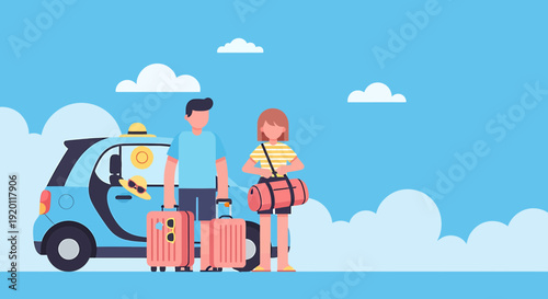 Couple preparing for a trip, standing beside a car with luggage on a sunny day