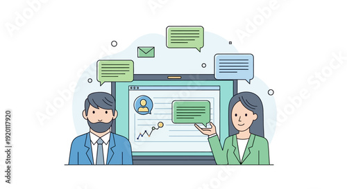 Business meeting discussion and online communication concept.