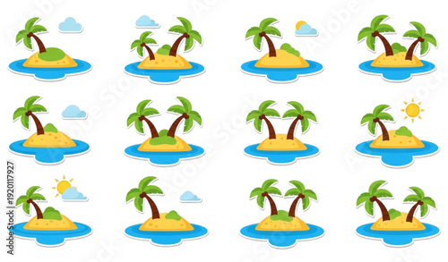 Cute cartoon tropical island vector collection with palm trees and blue ocean isolated on white background for summer vacation stickers